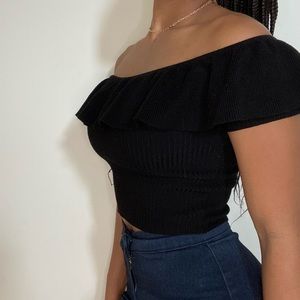 black ruffle trim off the shoulder top
